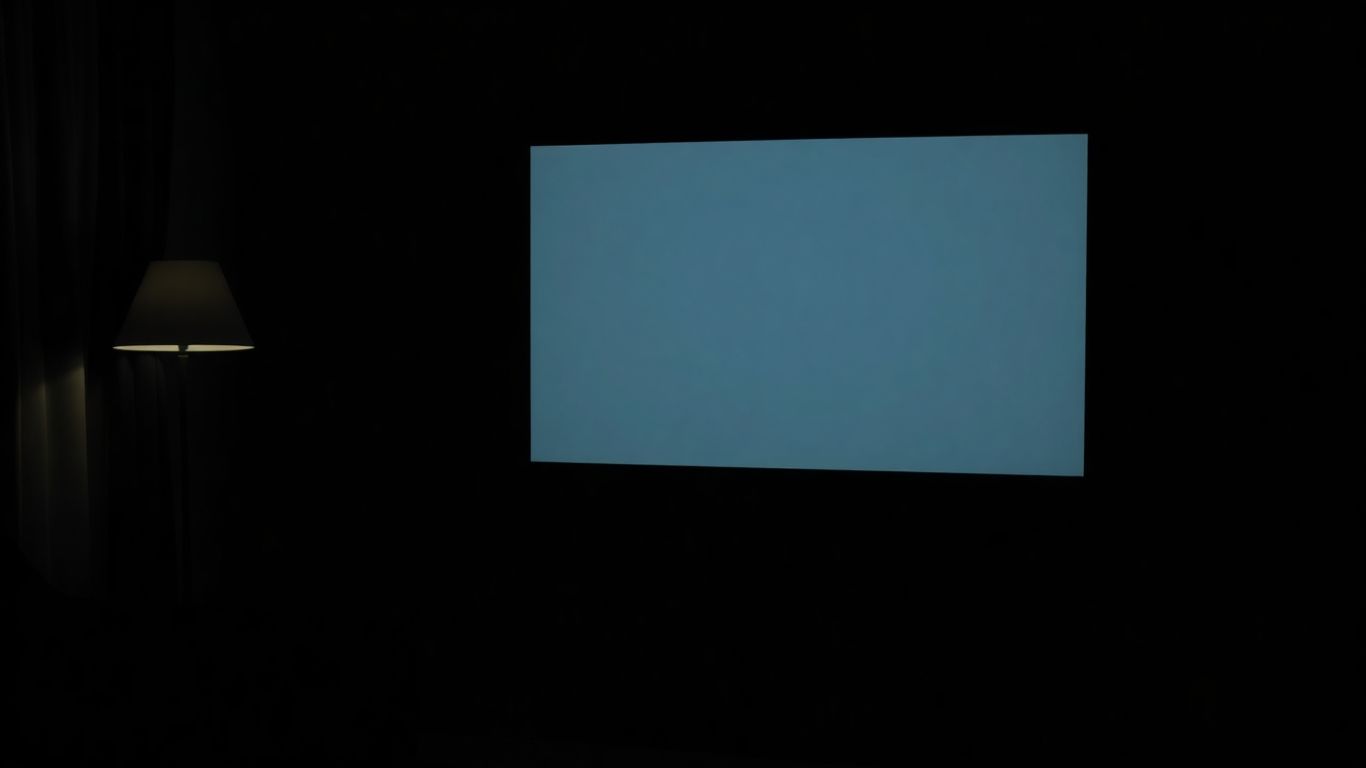 Télévision éteinte dans un salon sombre.