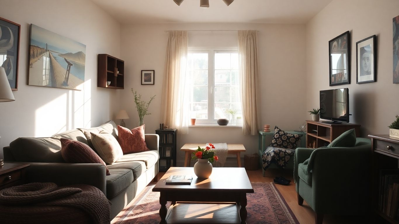 Sala de estar acogedora con sofá y mesa de centro.