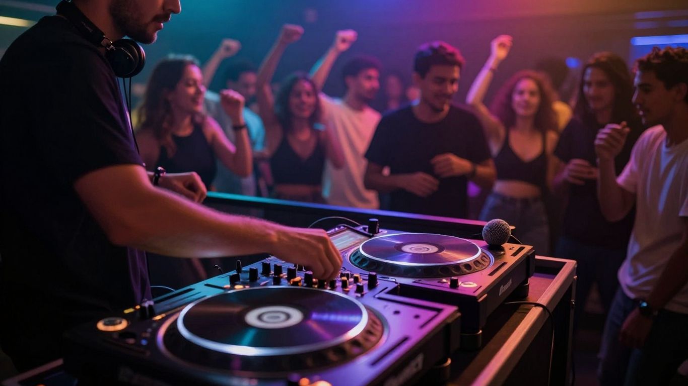 DJ playing music at a party with dancing crowd.