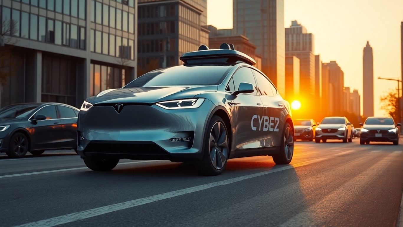 Tesla Cybercab driving in city during sunset testing