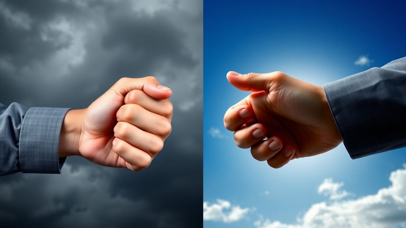 Hands moving from conflict to collaboration under changing skies.