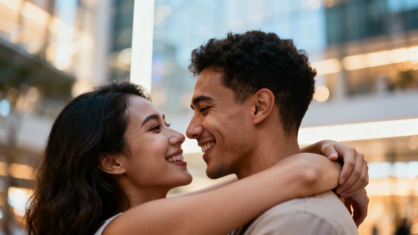 Couple embracing in modern city