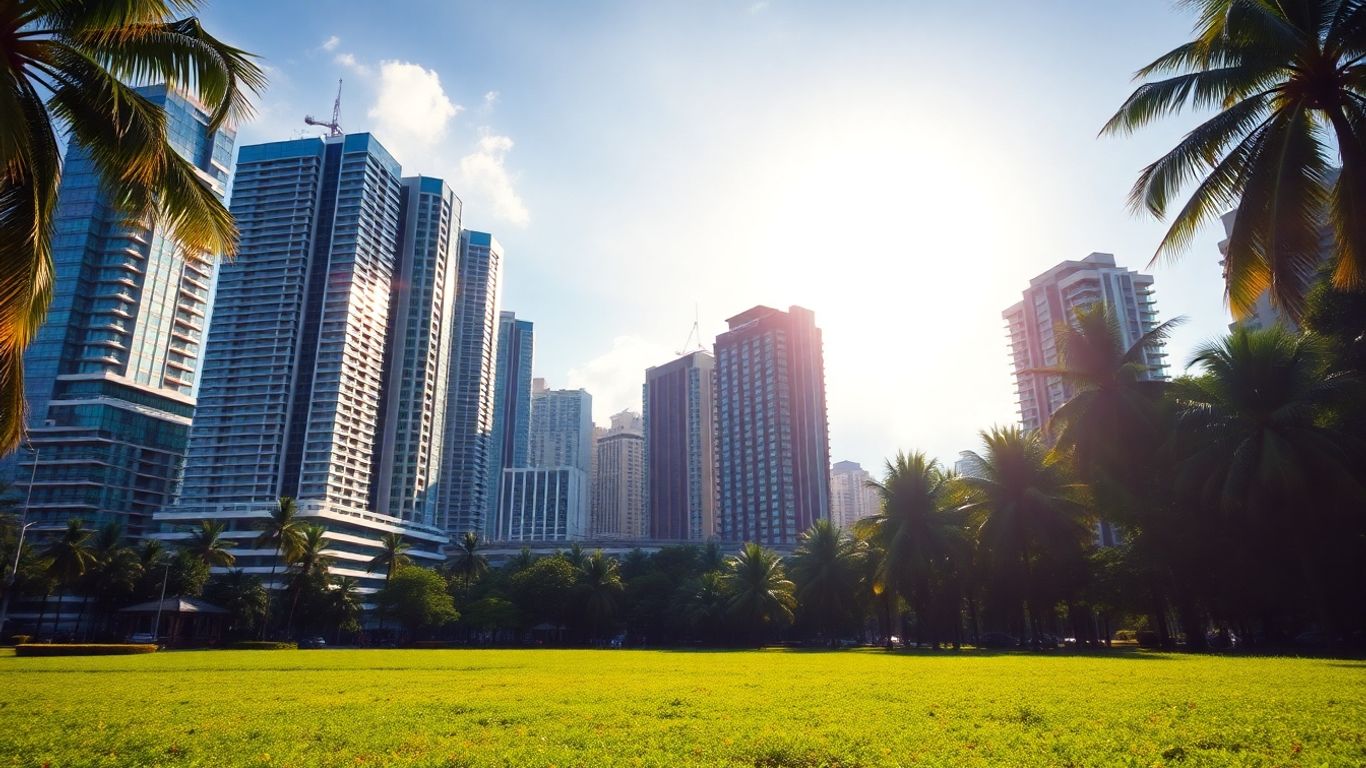 Phuket cityscape with modern buildings and tropical foliage.