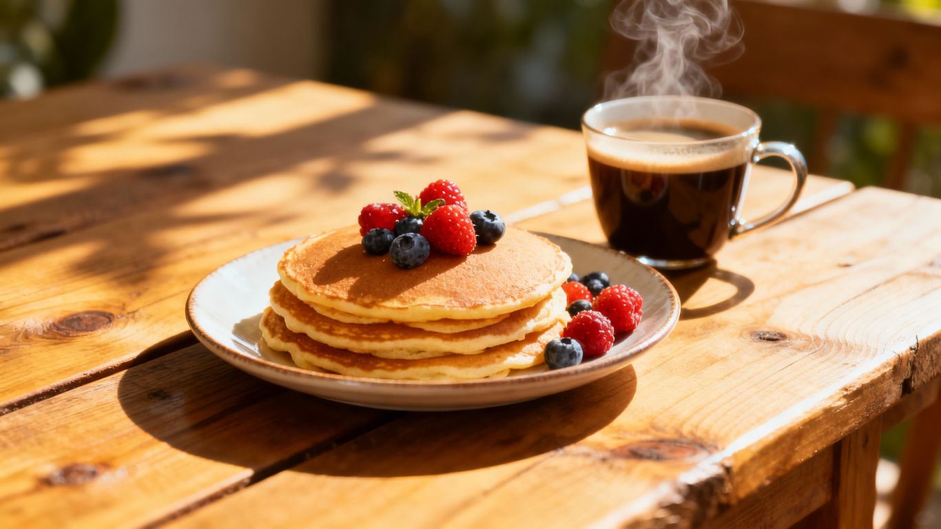 Delicious breakfast spread on a wooden table.