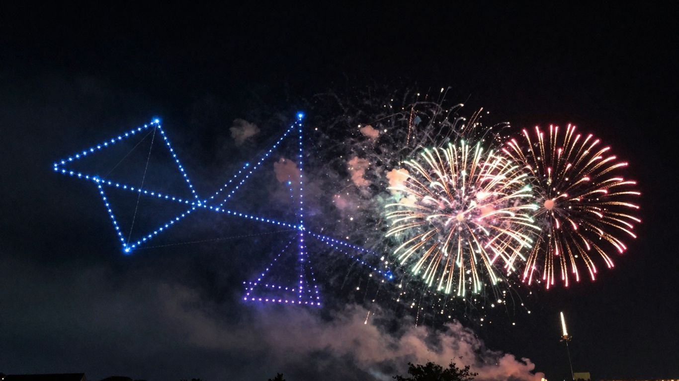 Drone show and fireworks in the night sky.