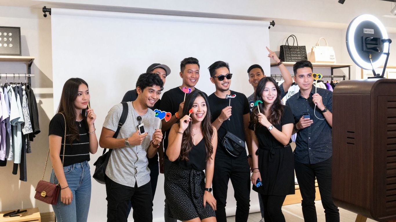 Menschen in einer Fotobox mit bunten Requisiten