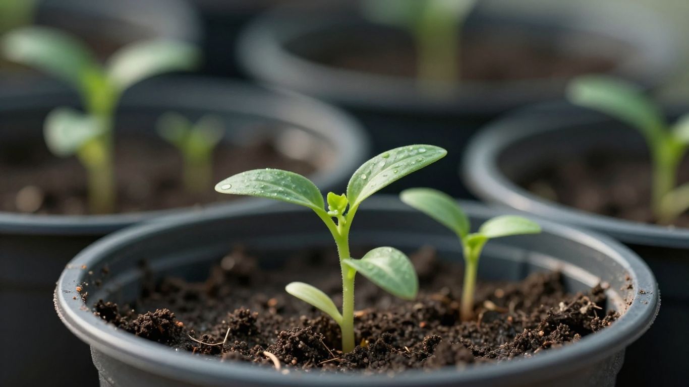 Kleine grüne Setzlinge sprießen aus Erde in Töpfen.