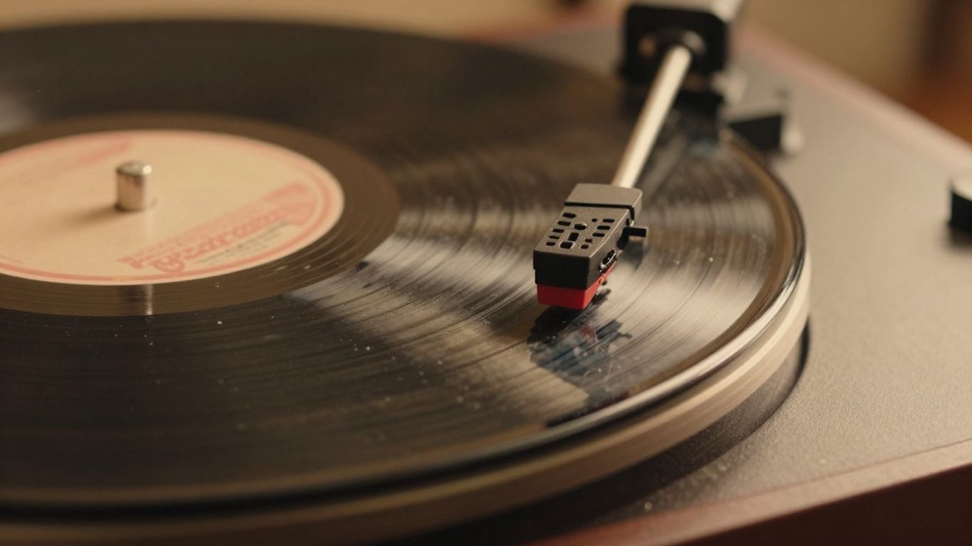 Vintage record player with spinning vinyl record.