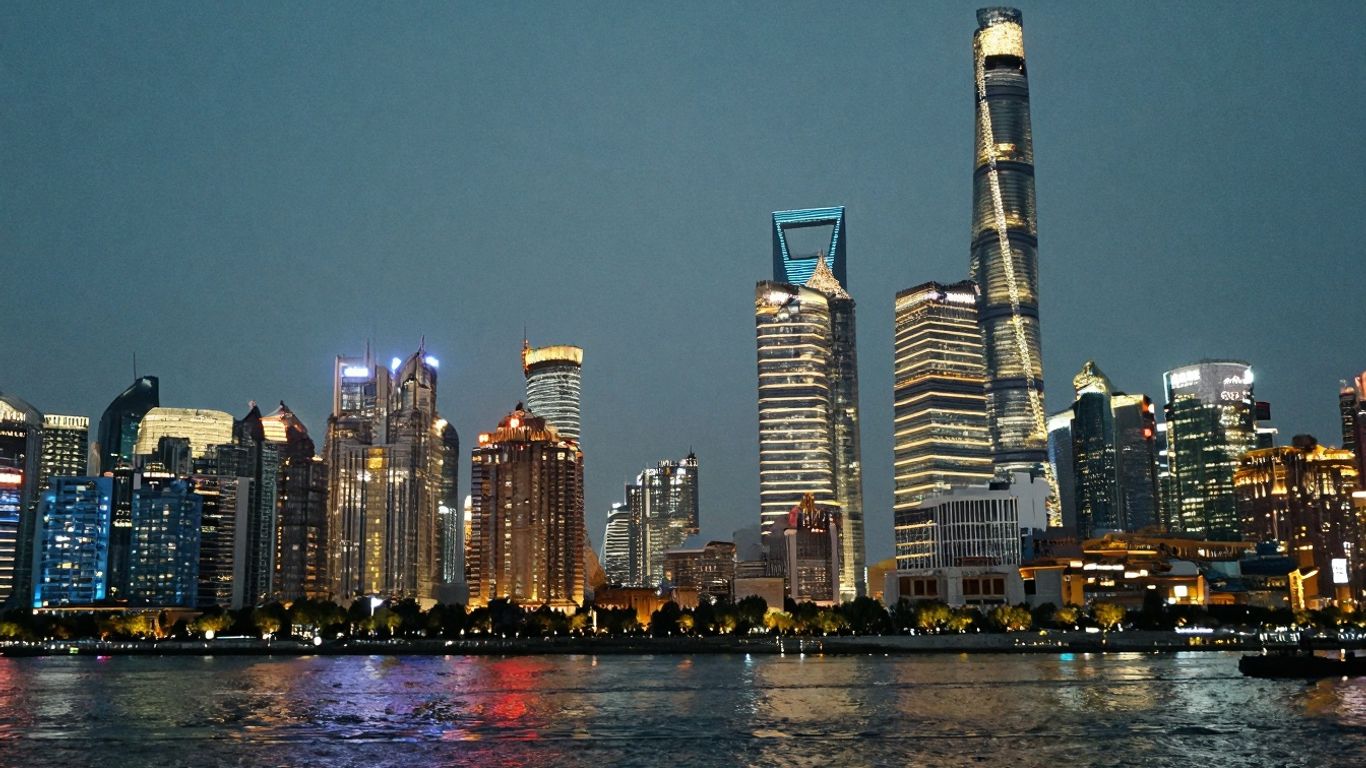 Shanghai skyline at dusk, financial district