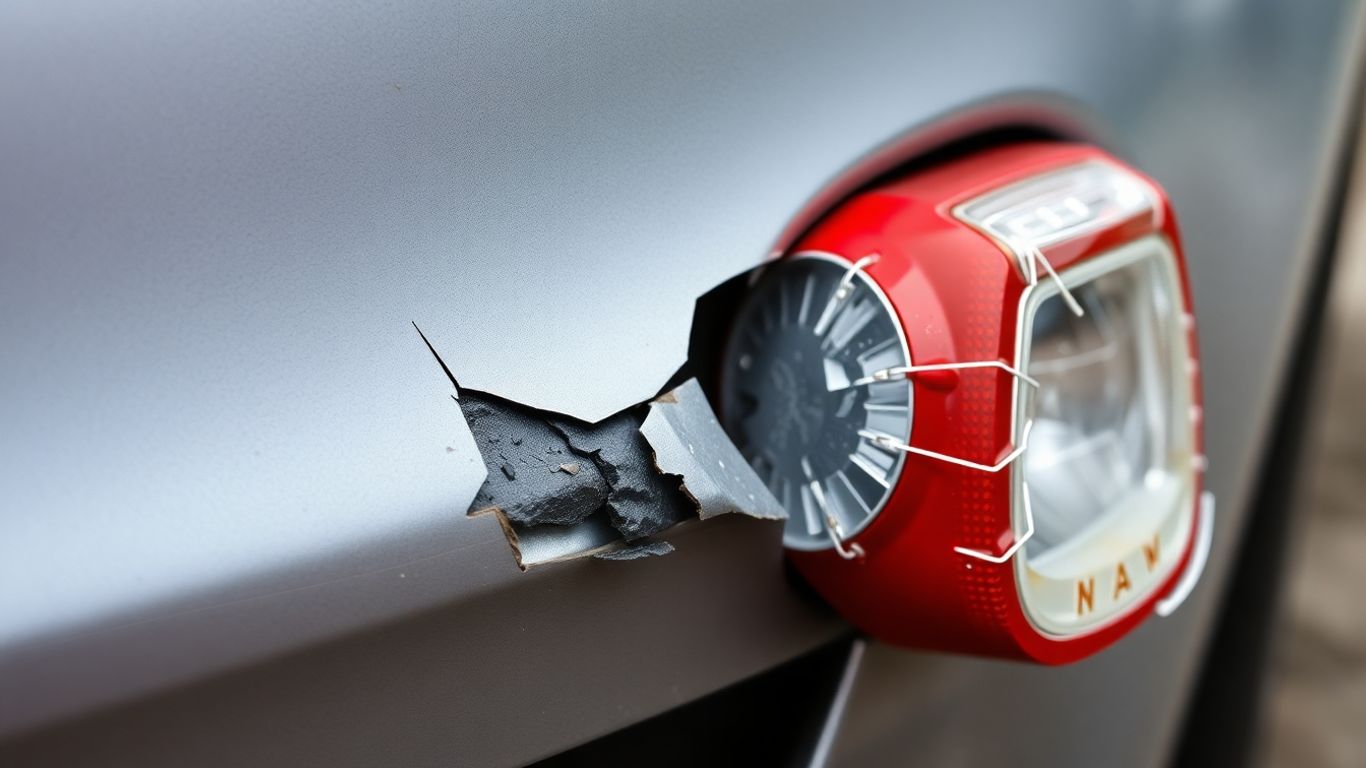 Beschädigtes Auto: Stoßstange und Spiegel im Detail.