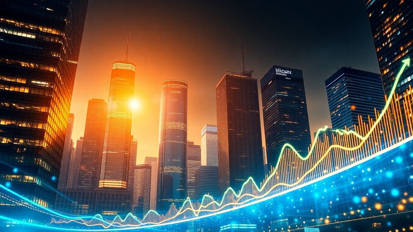 Modern cityscape with abstract financial data streams.