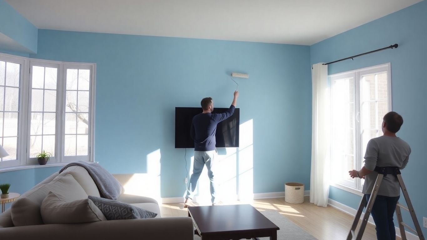 Painter applying a smooth coat of blue paint.