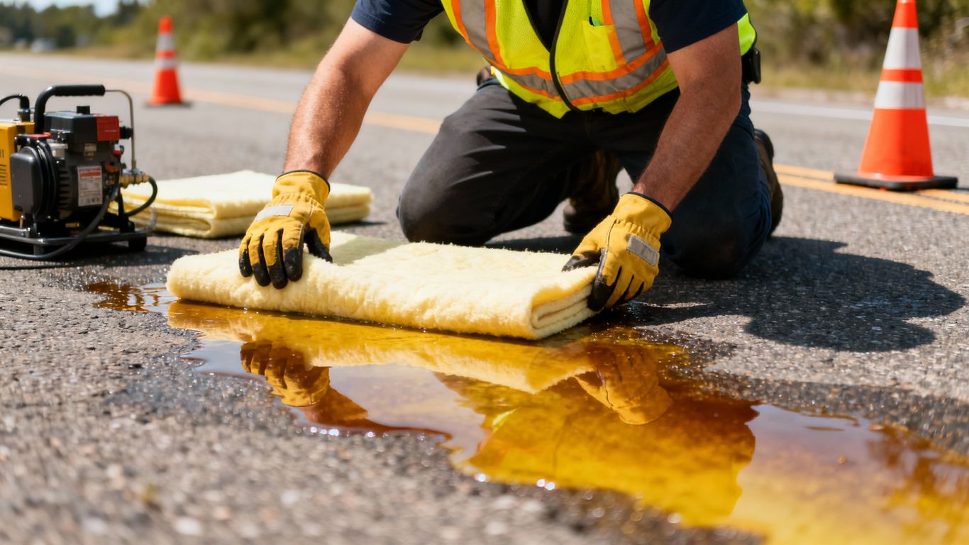 Worker cleaning fuel spill with safety gear outdoors