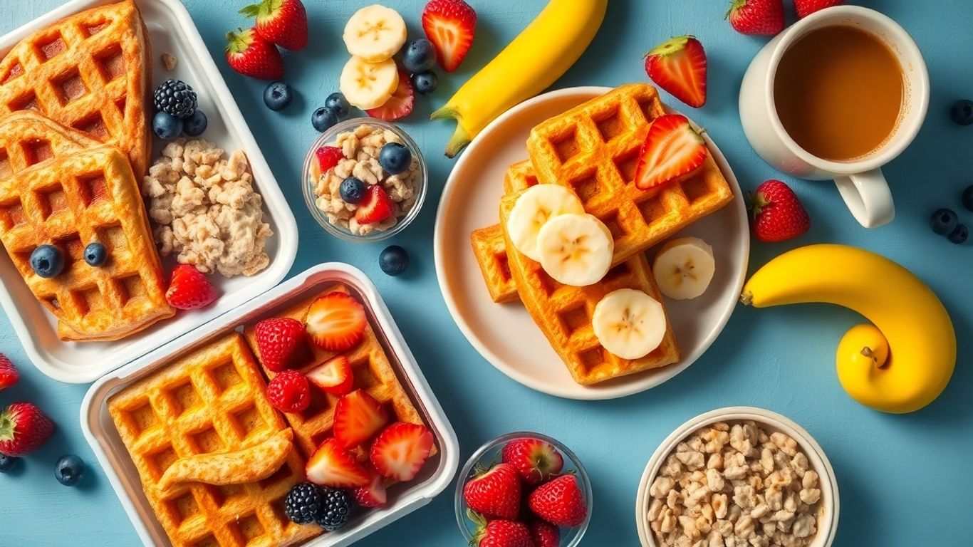 Healthy frozen breakfast meals with fruit and coffee.