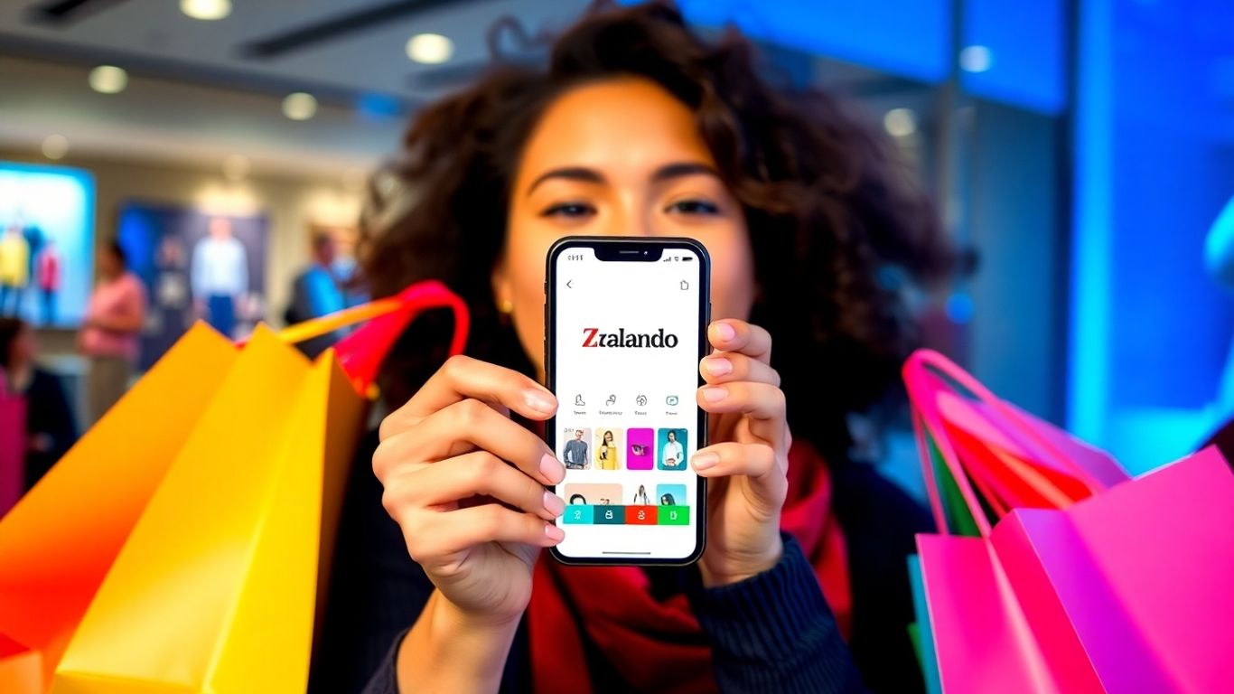 Woman happily shopping on Zalando app with discount.