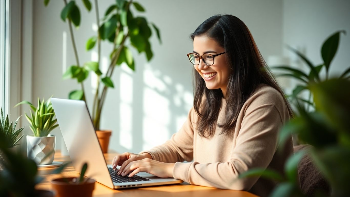 Pessoa trabalhando em casa com um laptop sorrindo.
