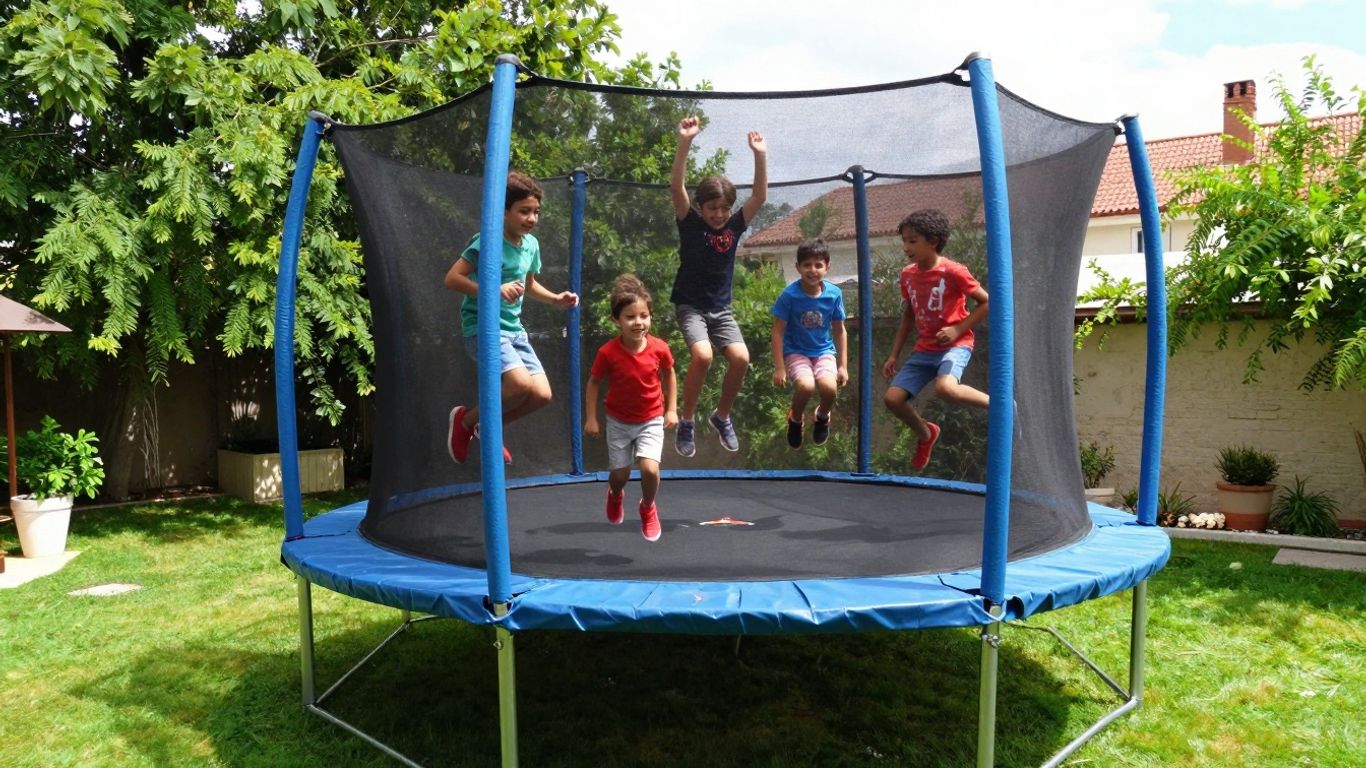 Family enjoying a backyard trampoline