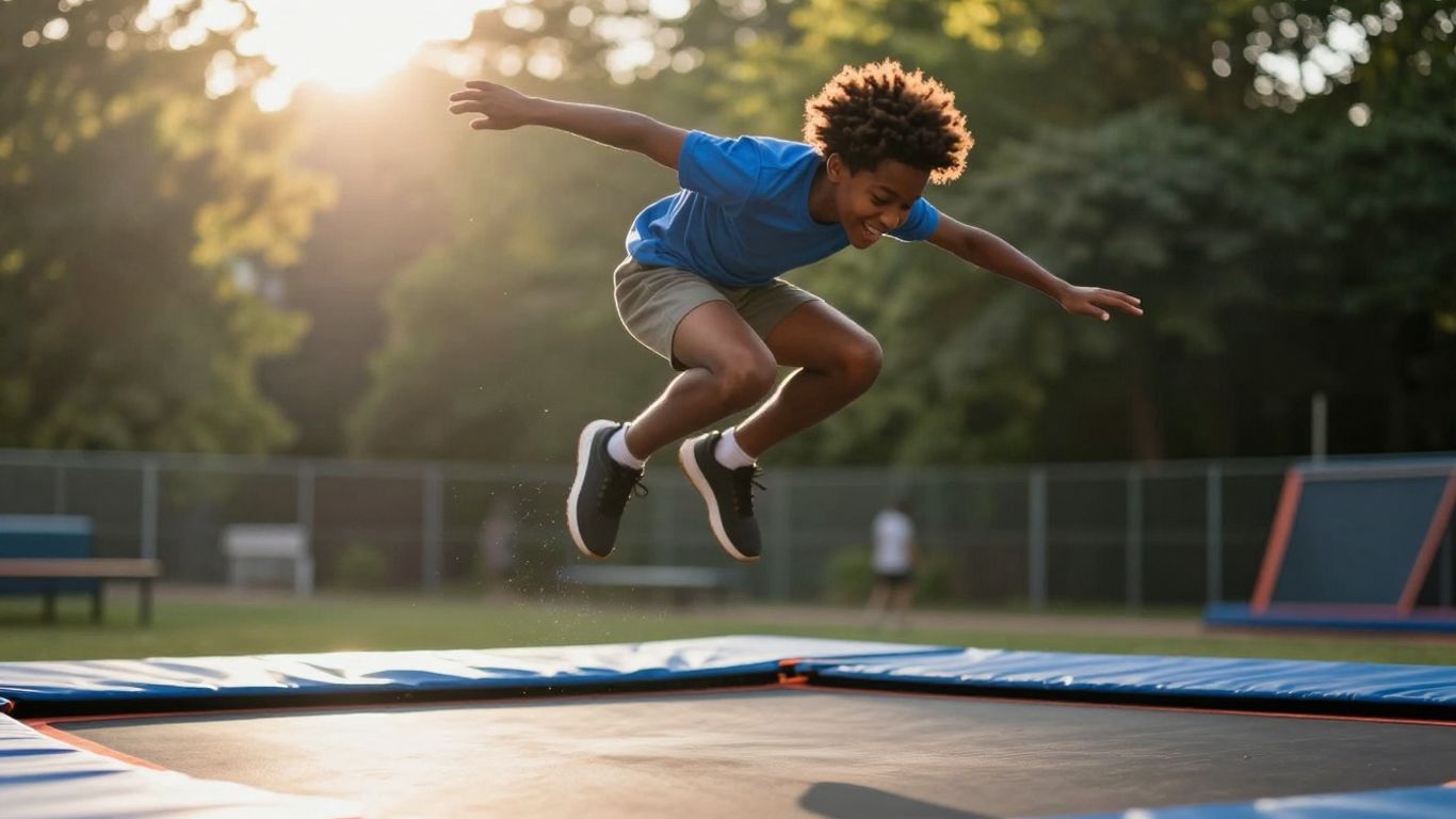 Person jumping high on a trampoline for a workout.