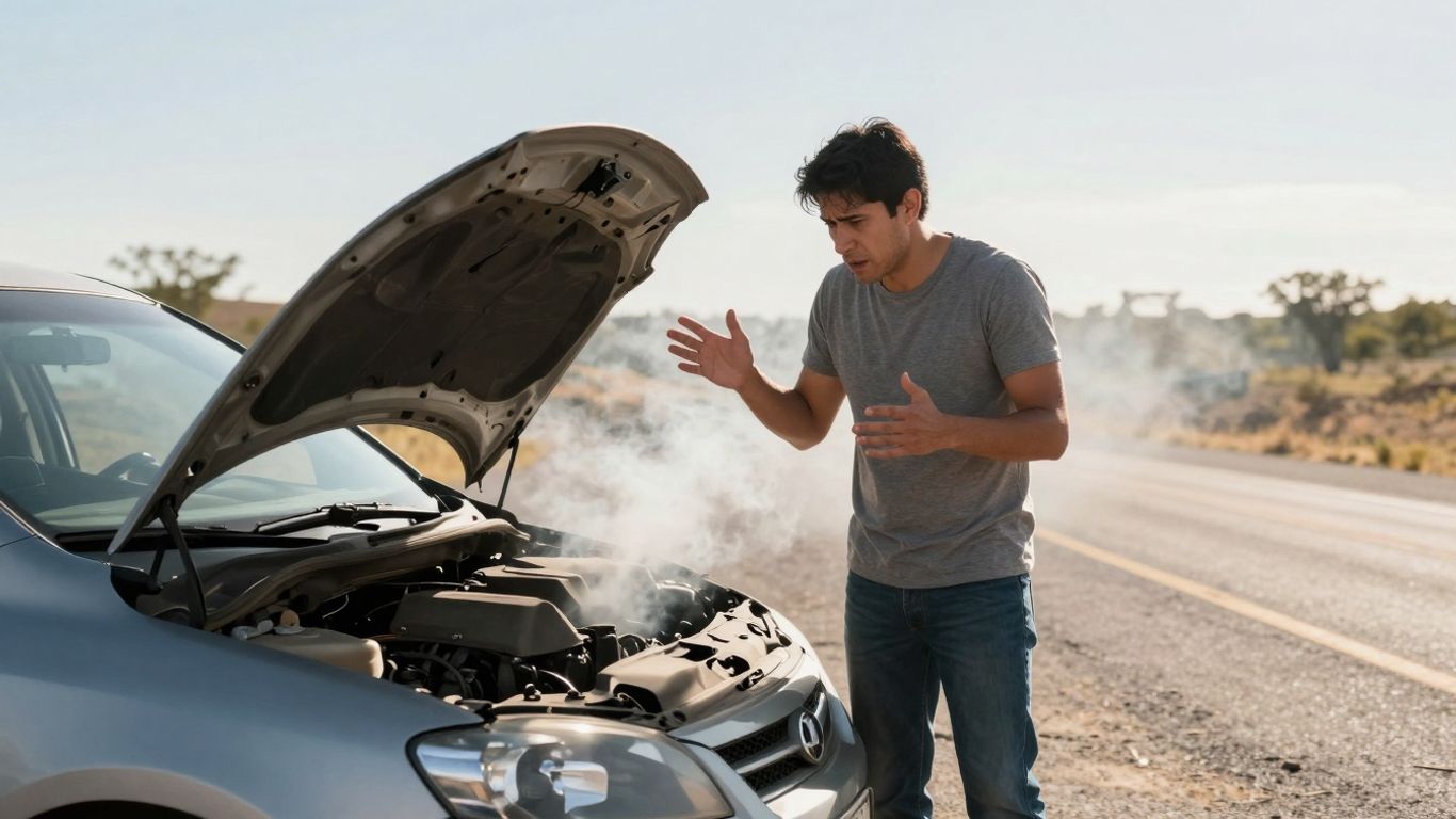 Car broken down on a lonely road, driver looks worried.