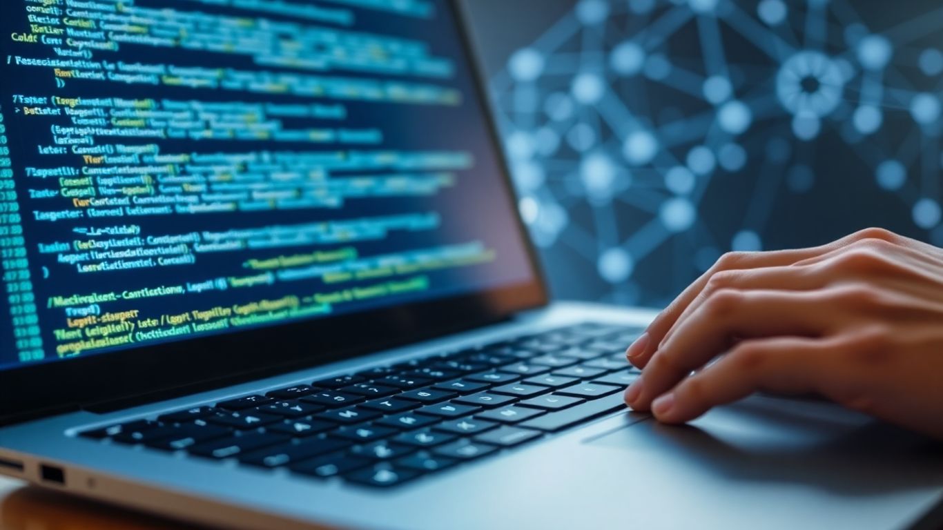 Developer coding on a laptop with blockchain network visuals.