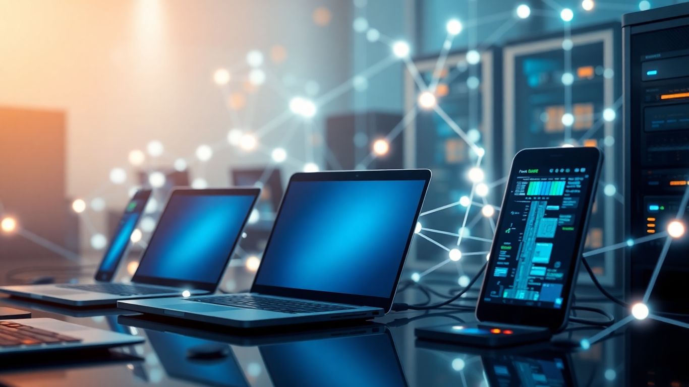 Interconnected digital devices and network connections.