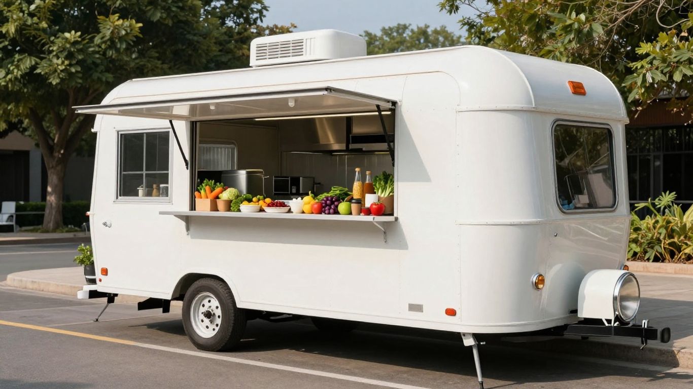 Small food trailer on a sunny street.