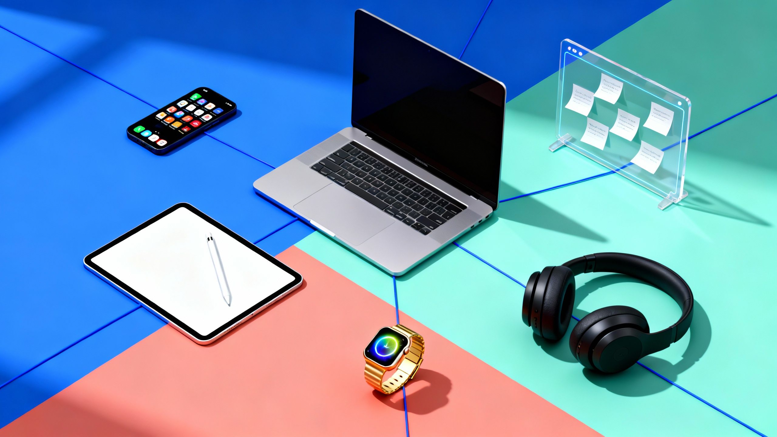 A creative concept image displaying various digital tools for solo experts arranged creatively