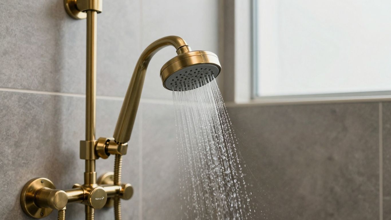Brushed brass concealed shower set in a modern bathroom.