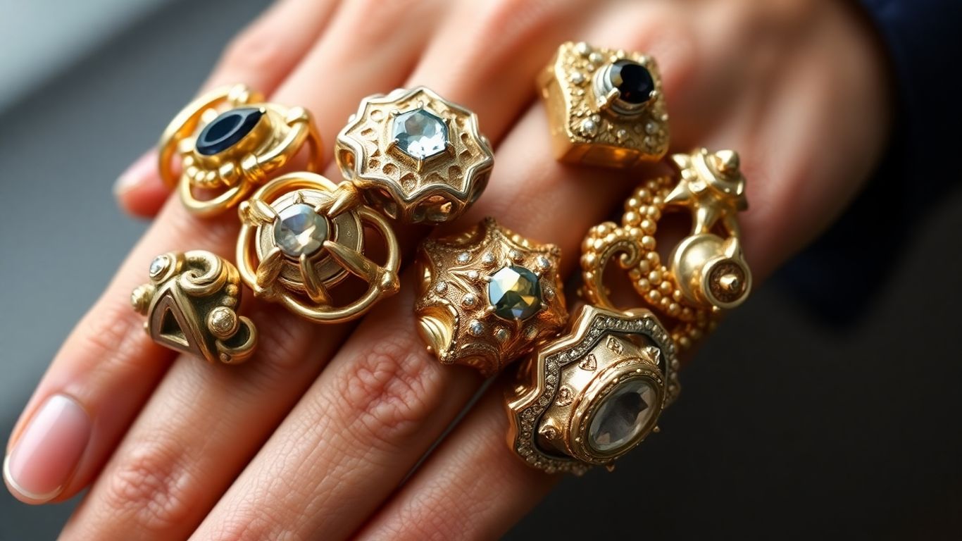 Close-up of hands wearing large, statement metal rings.