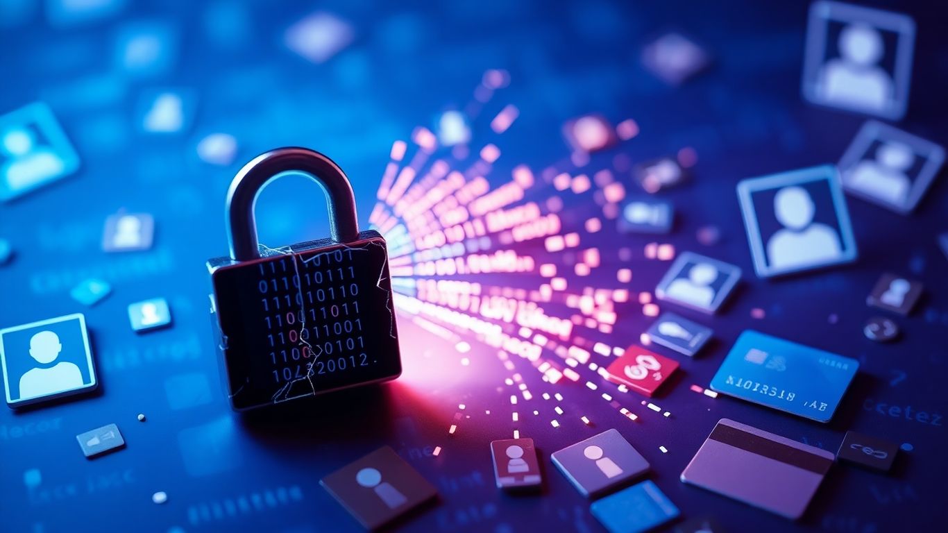 Verrou numérique brisé avec des données personnelles s'échappant.