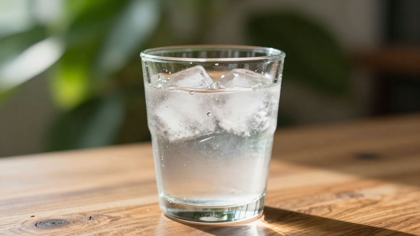 Sticlă cu apă limpede și gheață pe masă.
