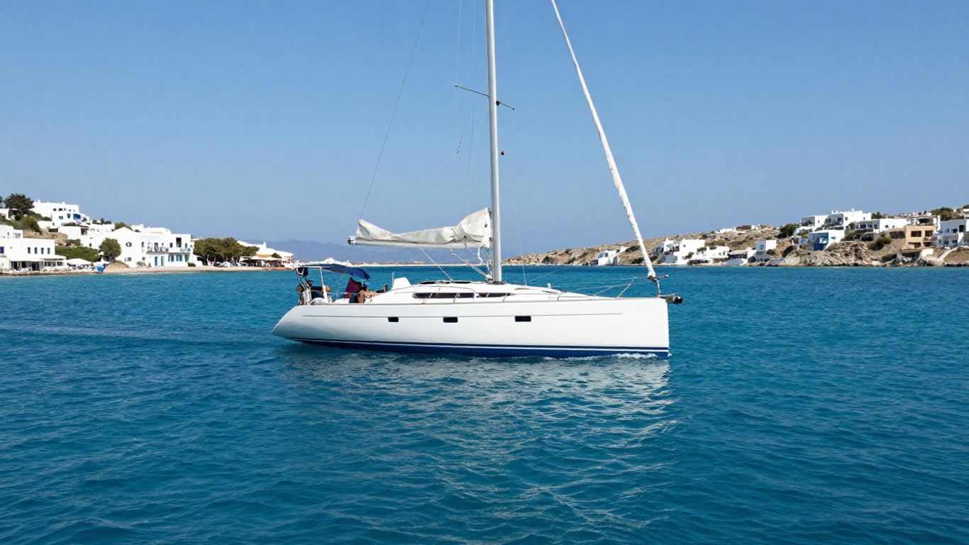 Sailboat navigating clear turquoise waters near Greek islands.