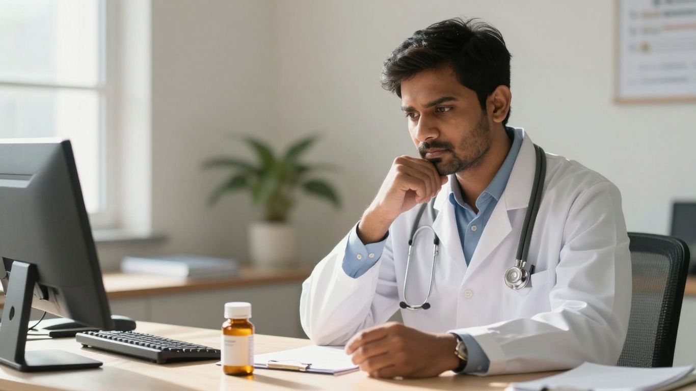 Man considering oral testosterone pills in a medical setting.