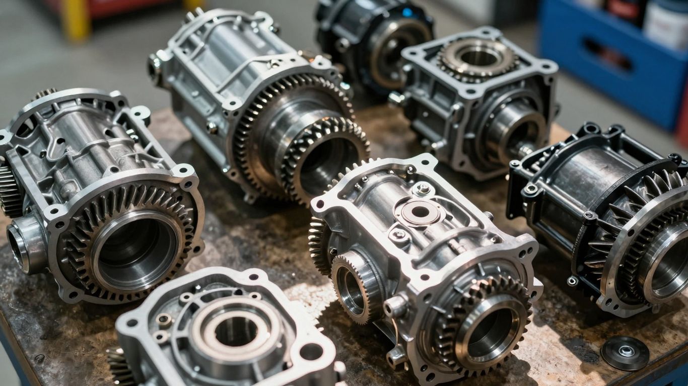 Automotive gearboxes in a workshop setting.