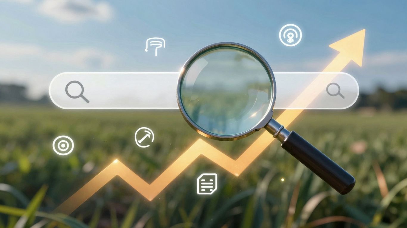 Digital landscape with upward arrows and magnifying glass.