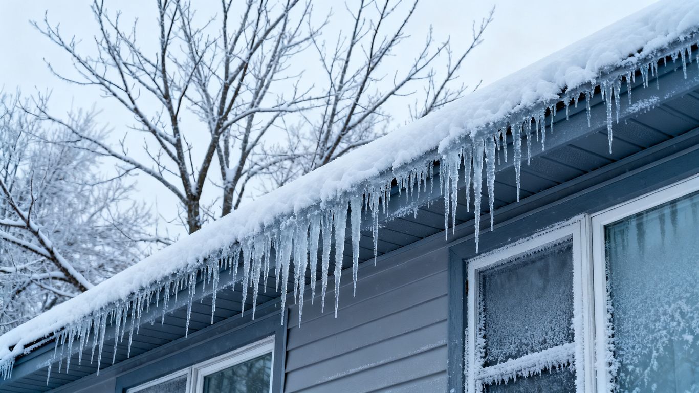 Winter house exterior with snow and icicles.