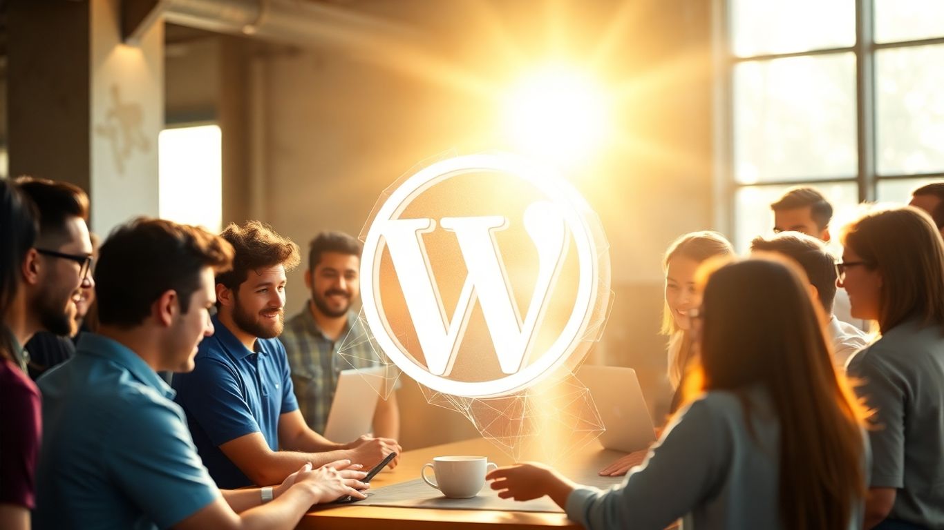 WordPress community collaborating around a glowing logo.
