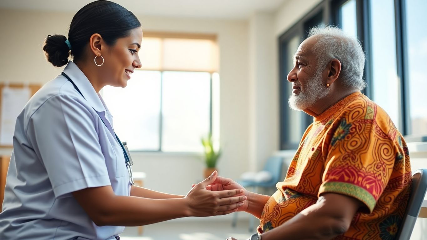 Aboriginal health worker caring for an elderly Indigenous patient.