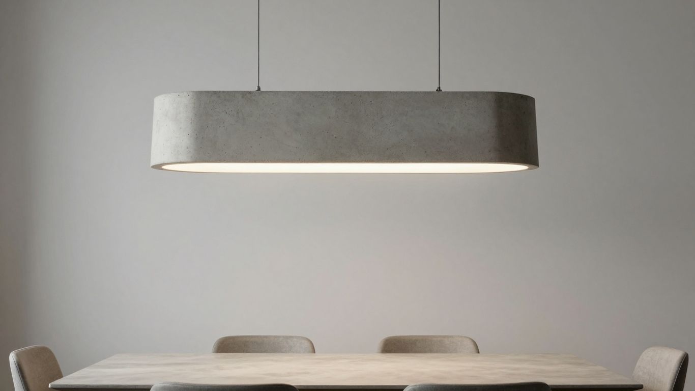 Concrete pendant light fixture above a dining table.