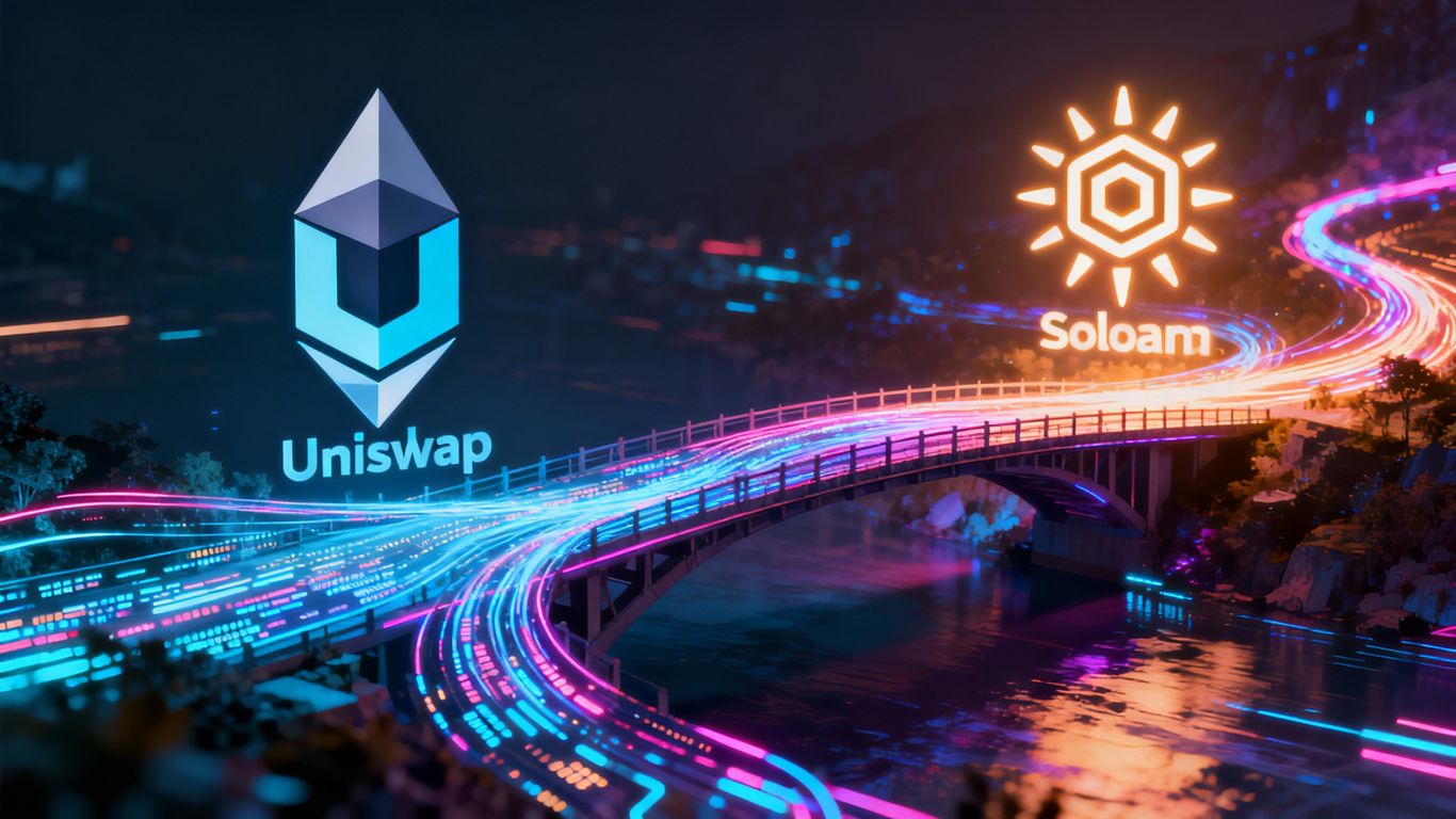Uniswap and Solana blockchains connected by a digital bridge.