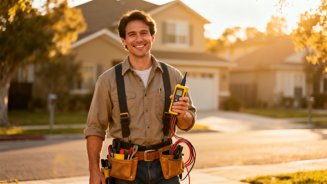 Cable technician with tools ready to help.