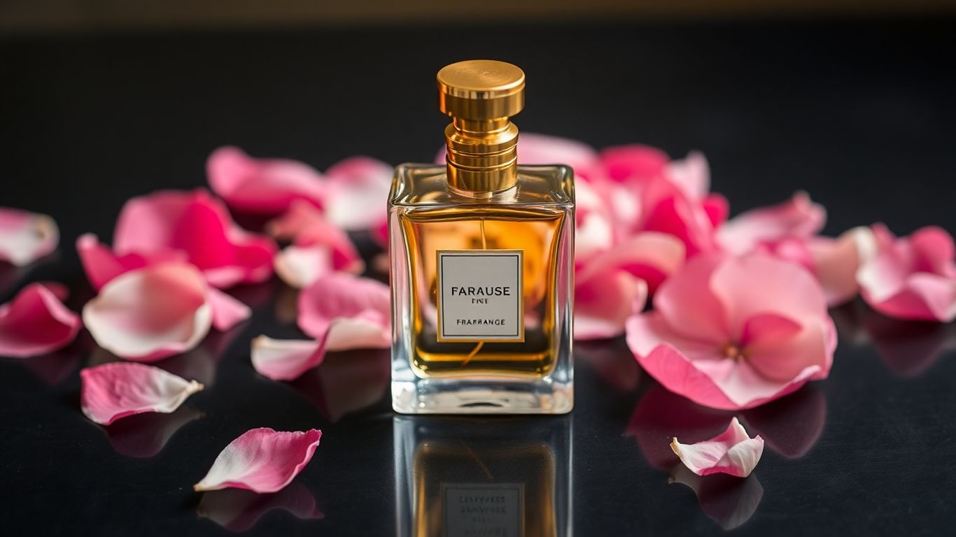 Elegant perfume bottle with scattered flower petals.