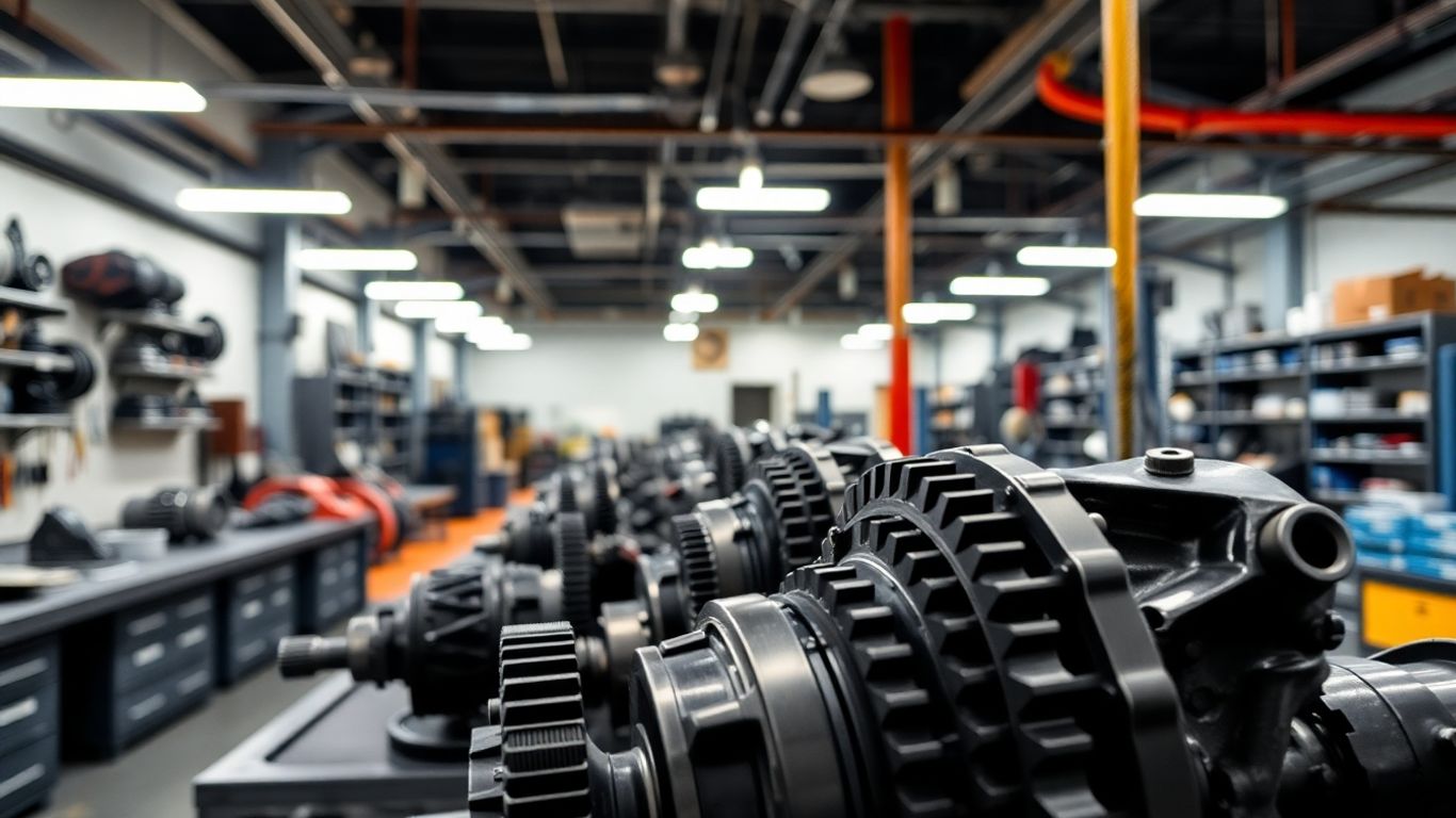 Automotive workshop with transmission parts and gears.