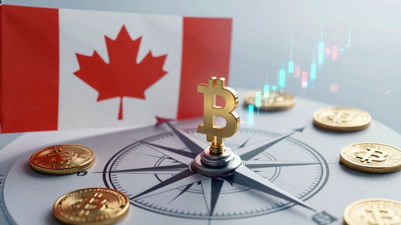 Canadian crypto ETF landscape with digital coins and compass.