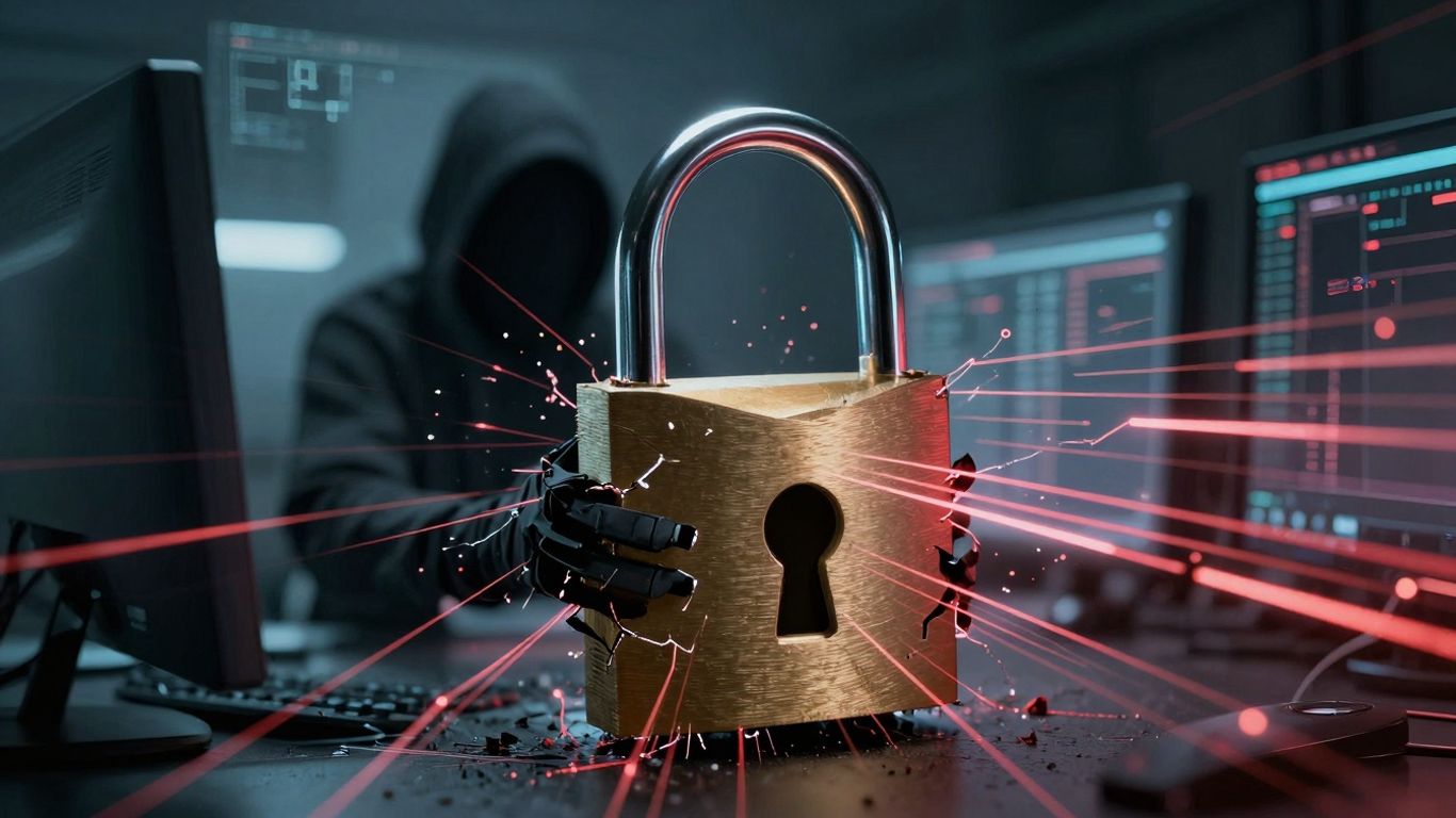 Cracked padlock with shadowy figure and data streams.