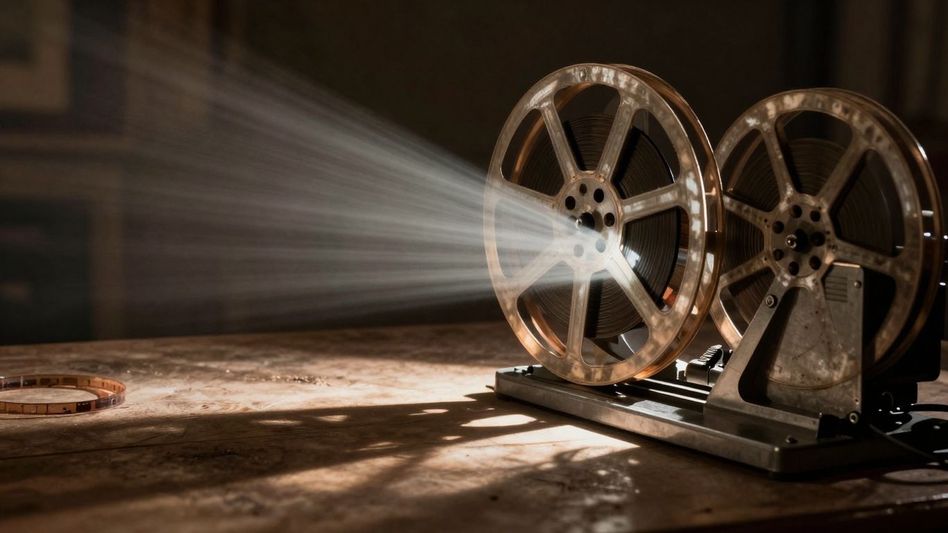 Proiector de film iluminând o rolă de film veche.