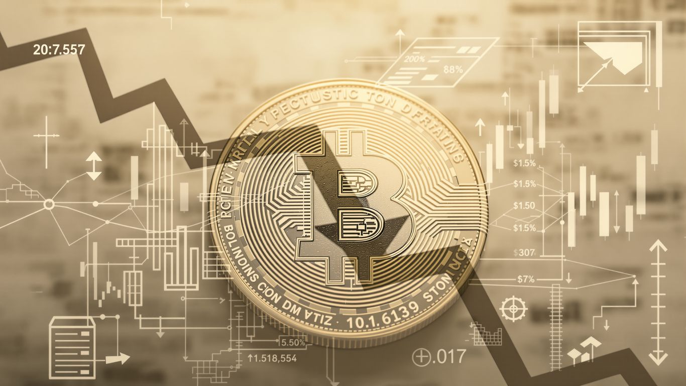 Ethereum coin with a downward arrow.