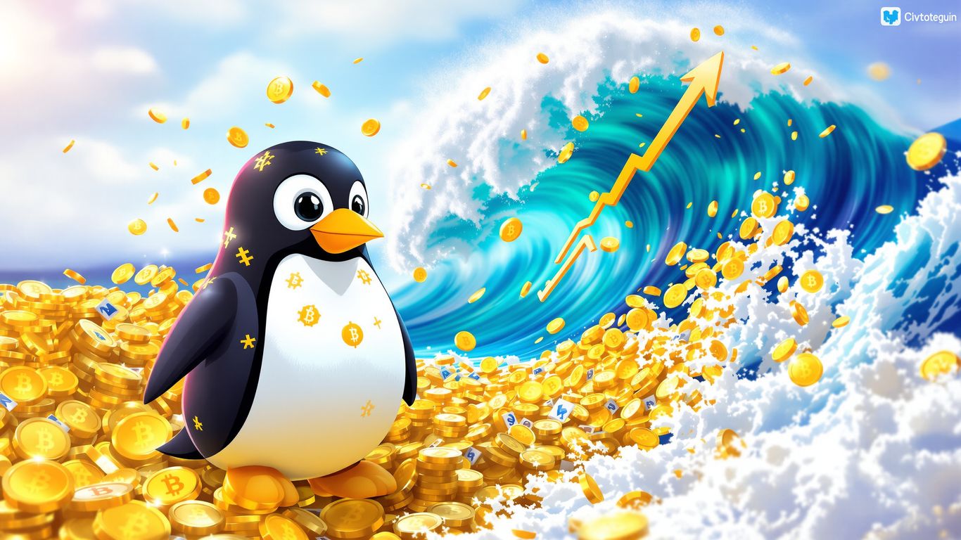 Penguin with cryptocurrency wave.
