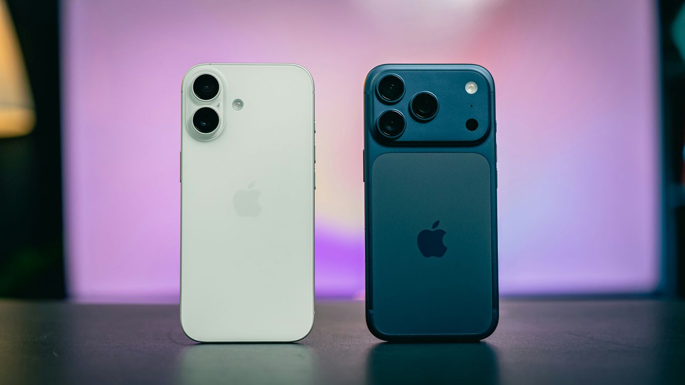 Two iphones, one white, one blue, side by side