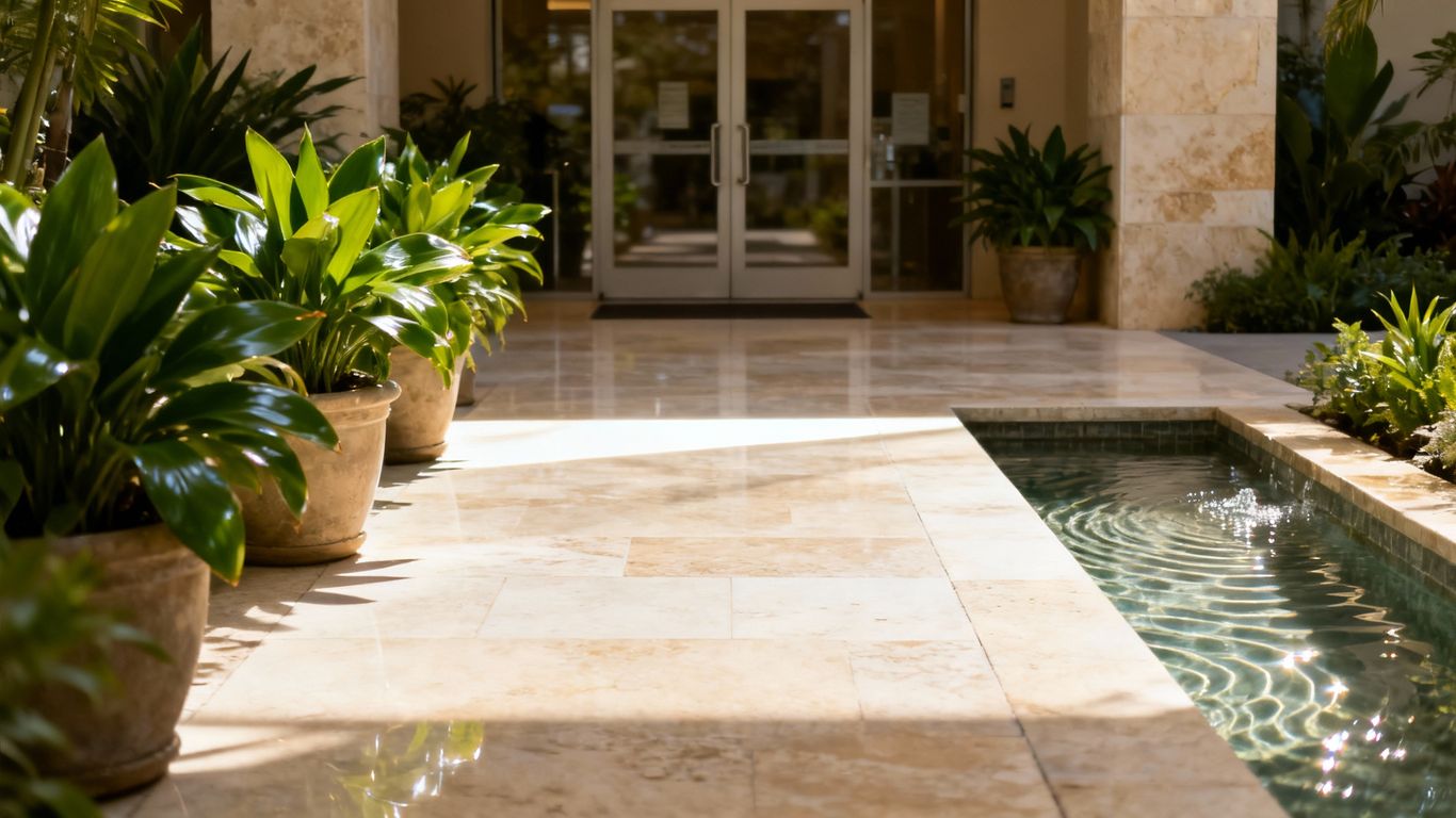 服务入口的绿色植物和水景